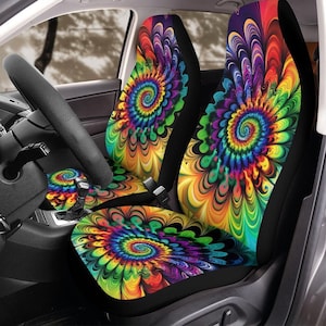 Psychedelic Car Seat Covers, Tie Dye Car Seat Covers, Matching front seat covers for a car, Colorful car seat covers for vehicle