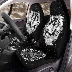 Celestial Car Seat Covers, Boho Wolf Car Seat Covers, Matching front seat covers for a car, Witchy car seat covers for vehicle wolf