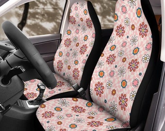 Car Seat Covers for vehicle, Hippie Daisy Car Seat Covers, 70s seat covers, Groovy Matching front seat covers, Floral Pink car seat covers