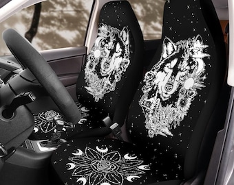 Celestial Car Seat Covers, Boho Wolf Car Seat Covers, Matching front seat covers for a car, Witchy car seat covers for vehicle wolf