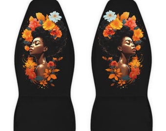 Gorgeous Black Woman Car Seat Covers for vehicle, Floral Hair Car seat covers, Black woman car accessory, Seat covers for a car black orange