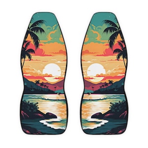 Beach Car Seat Covers, Retro Palm tree Car Seat Covers for vehicle, Blue orange front seat covers for a car, Retro car seat ocean beach sky