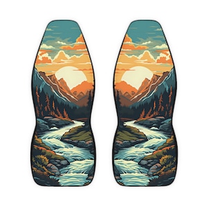 Retro Mountains Car Seat Covers, Mountain Range Car Seat Cover for vehicle, Camping front seat covers for a car, Mountain landscape car seat