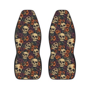 Car Seat Covers Skull and Poppy, Skull Car Seat Covers for vehicle, Matching front seat covers for a car, Gothic car seat covers for vehicle