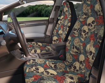 Car Seat Covers Skull and Roses, Skull Car Seat Covers for vehicle, Matching front seat covers for a car, Gothic car seat covers for vehicle