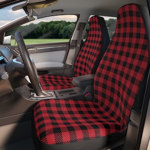 Red Buffalo Plaid Car Seat Covers, Red tartan car seat covers, Tartan car accessories, Red and black car seat covers for vehicle checkered