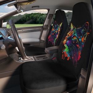 Rainbow Cat Seat Covers, Boho Cat Car Seat Covers, Matching front seat covers for a car, Colorful car seat covers for vehicle, cat car decor
