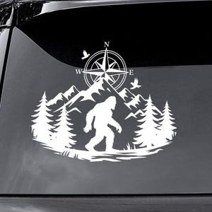 Bigfoot and compass car decal, Bigfoot in Nature car window sticker, Waterproof decal for Bigfoot fans, Bigfoot car decor, Pine trees