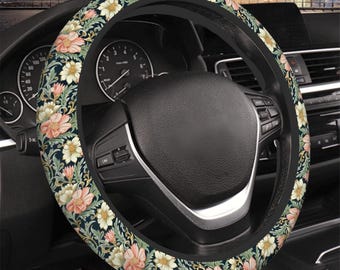 Coprivolante floreale in stile William Morris con fiori rosa e bianchi. Accessorio per auto in stile barocco.