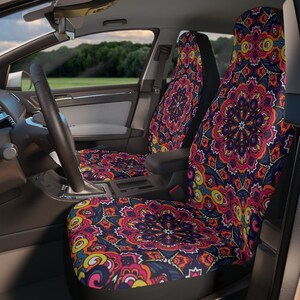 Car Seat Covers with Pink and Blue Mandala pattern, Matching front seat covers for a car, Mandala car seat covers, Pink car seat covers