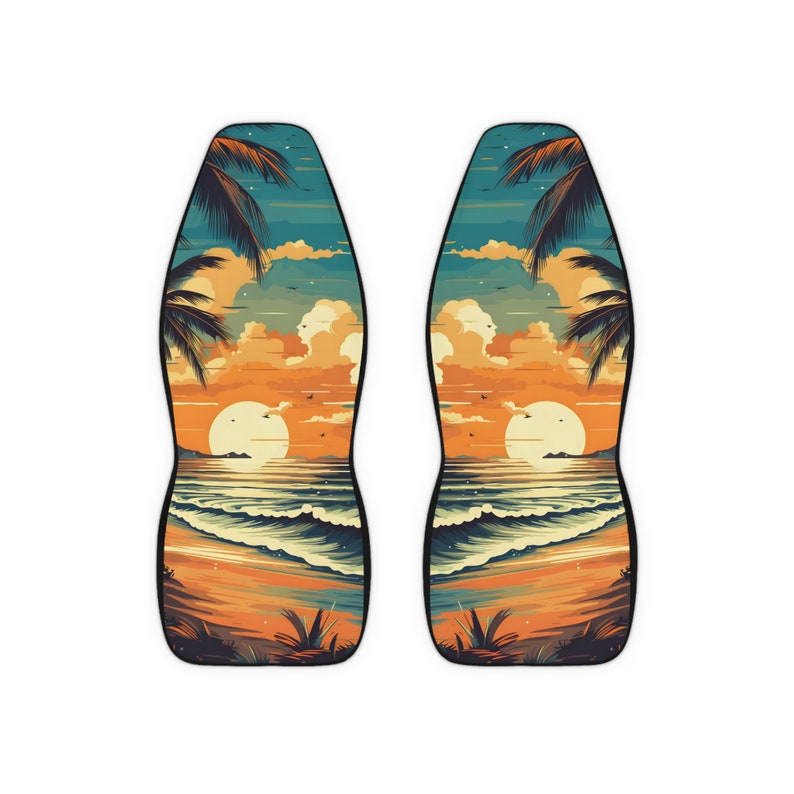 May include: A pair of black and teal car seat covers with a sunset beach scene. The scene features palm trees, a setting sun, and ocean waves.