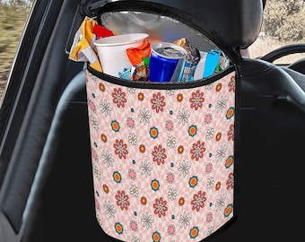 Floral Pink Car Trash Bag, Daisy Car Garbage Bin, Hippie Car Trash Can with Lid, 70s flower child Washable Garbage Can for car, Pink car