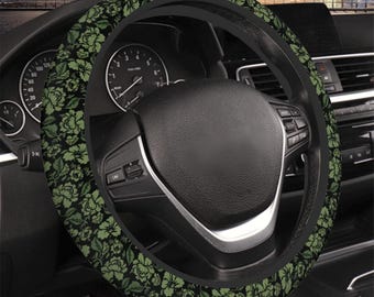 Funda de volante con estampado floral verde, accesorios para coche William Morris verdes para mujer, funda de volante verde, volante verde