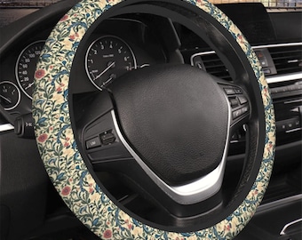 Coprivolante in stile William Morris con motivo floreale nei toni del beige, blu e rosa