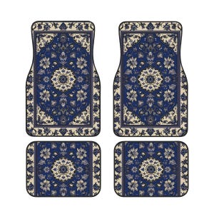 May include: Set of four car floor mats with a Persian rug design. The mats feature a navy blue background with a cream-colored floral pattern and a central medallion. The mats are rectangular and have a black border.