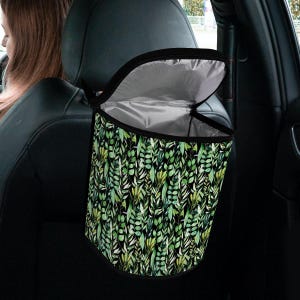 Green Botanical Car Trash Bag, Green Car Garbage Bin, Leaves Car Trash Can with Lid, Washable Garbage Can for car, Botanical Car accessory