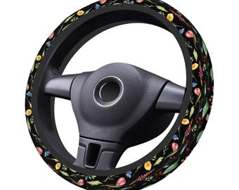Funda de volante floral, accesorios para coche con flores de pradera para mujer, funda de volante botánica, bonita decoración para coche con hojas y flores.
