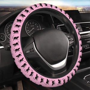 Cute Pink Steering Wheel Cover with Black Cats, Cat Car accessories for women, Pink Steer wheel cover, Cat silhouette Car decor, Car gift