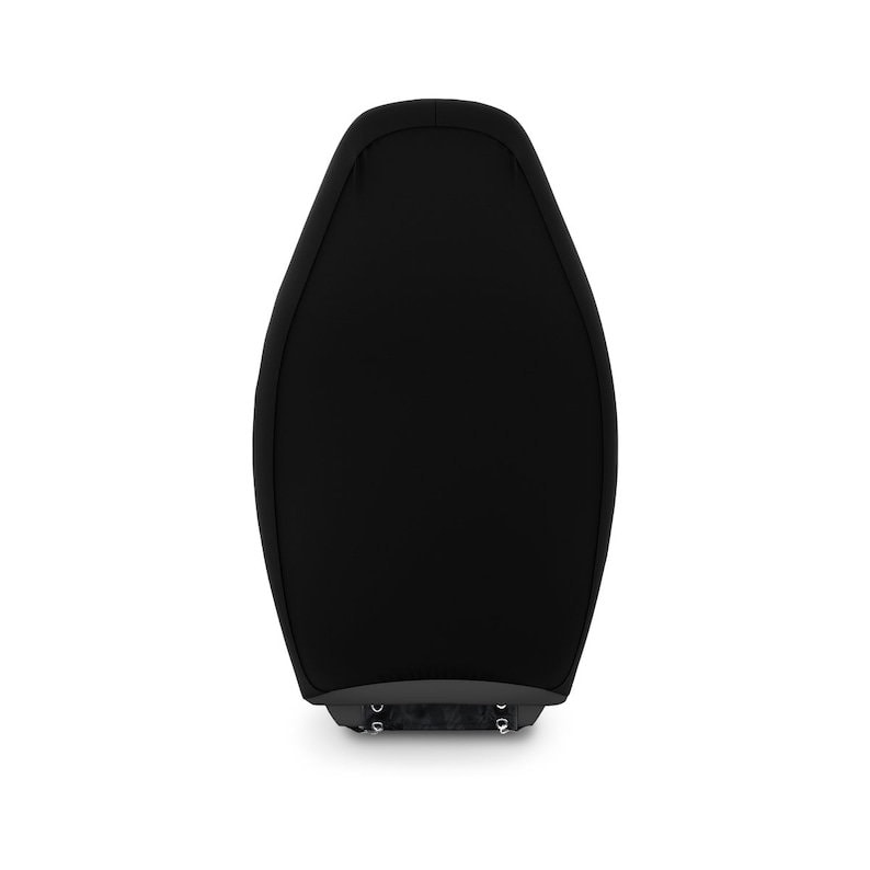 May include: Black car seat cover with a smooth, fabric texture. The cover is designed to fit snugly over the seat and has a simple, modern design.