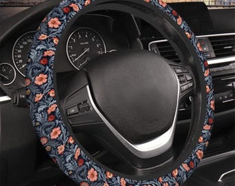 Coprivolante floreale scuro in stile William Morris con fiori rosa e blu. Accessorio per auto in stile barocco.