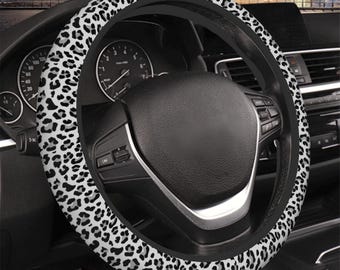 Capa de volante com estampa de leopardo cinza, acessórios para carro com estampa de animal para mulheres, capa de volante cinza, capa de volante com estampa de chita cinza