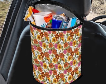 Floral Car Trash Bag, Daisy Car Garbage Bin, Hippie Car Trash Can with Lid, 70s flower child Washable Garbage Can for car, Colorful Car Deco