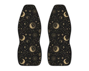 Car Seat Covers with the celestial pattern, Matching front seat covers for a car, Celestial car seat covers, Sun Moon Stars car seat covers