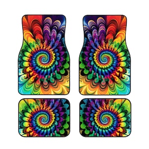 May include: Set of four car floor mats featuring a vibrant, psychedelic spiral design. The mats include two front and two rear mats, each with a black border. The colorful pattern includes shades of red, orange, yellow, green, blue, and purple.