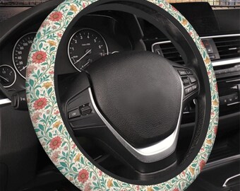 Coprivolante beige, blu e rosa in stile William Morris con motivo floreale. Accessorio per auto femminile.