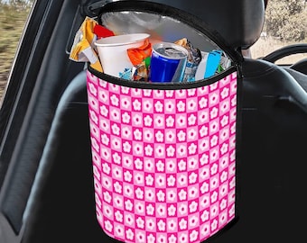 Pink Flower Car Trash Bag, Pink Car Garbage Bin, Hippie Car Trash Can with Lid, Groovy Washable Garbage Can for car, Pink car accessory