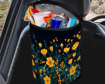 Floral Car Trash Bag, Stars Car Garbage Bin, Teal Orange flowers Cute Car Trash Can with Lid, Washable Garbage Can for car, Cute car