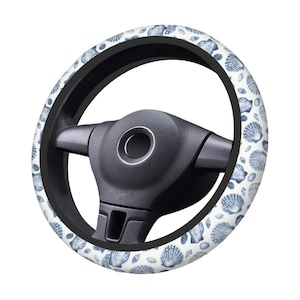 Couvre-volant coquillage blanc et bleu, accessoires de voiture sur le thème de la mer pour femme, couvre-volant océan, décoration de voiture coquillage