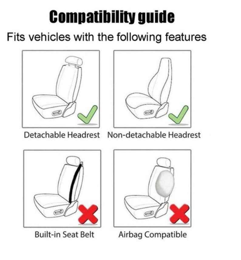May include: A compatibility guide for car seat covers, showing diagrams of different seat types.  The guide indicates whether the seat cover is compatible with detachable headrests, non-detachable headrests, built-in seat belts, and airbags.