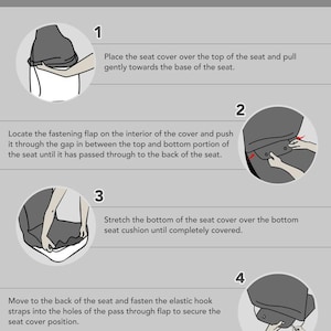 May include: A four-step illustrated guide on how to install car seat covers. The illustrations show a hand placing the cover over the seat, securing the cover with a flap, stretching the cover over the seat cushion, and fastening the elastic hook straps.