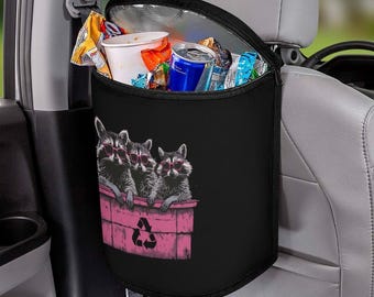 Funny Raccoon Car Trash Bag, Recycle Raccoon Car Garbage Bin, Black Pink Car Trash Can with Lid, Washable Garbage Can for car, Funny car