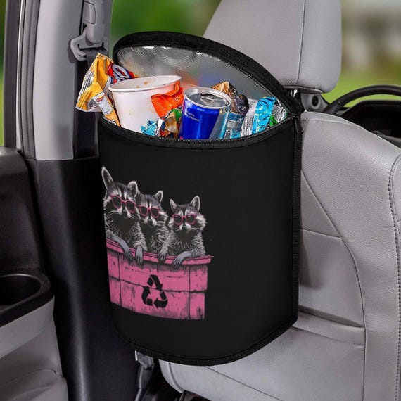 Funny Raccoon Car Trash Bag, Recycle Raccoon Car Garbage Bin, Black Pink Car Trash Can with Lid, Washable Garbage Can for car, Funny car