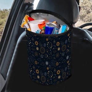 Celestial Car Trash Bag, Stars Car Garbage Bin, Moon Car Trash Can with Lid, Washable Stars and Moon Garbage Can for car, Boho car accessory