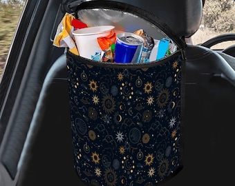 Celestial Car Trash Bag, Stars Car Garbage Bin, Moon Car Trash Can with Lid, Washable Stars and Moon Garbage Can for car, Boho car accessory