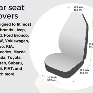May include: A white car seat cover with measurements in inches and centimeters. The cover is designed to fit most car brands, including Jeep, Ford, BMW, Volkswagen, Volvo, KIA, Mercedes, Mazda, Honda, Toyota, Nissan, Subaru, Audi, FIAT, and more.