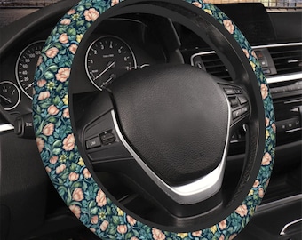 Coprivolante floreale verde e rosa in stile William Morris. Accessorio floreale per auto.