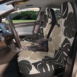 Beige and Gray Leaves Car Seat Covers, Universal Front Seat Car Seat Covers, Boho Monstera Car Seat Covers in muted colors