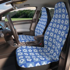 Car Seat Covers for vehicle, Blue car seat covers, Midcentury checkered flower, Hippie Car Seat Cover, 70s car seat cover, Blue accessory