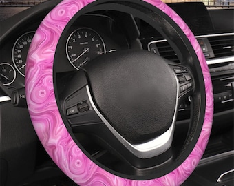 Funda de volante rosa, accesorios de coche rosas para mujer, funda de volante de ágata rosa, funda de volante de mármol rosa con diseño abstracto