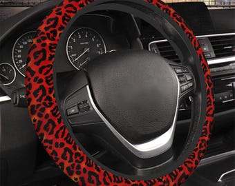 Coprivolante con stampa leopardata rossa, accessorio per auto con stampa animalier, regalo per donne, coprivolante rosso, coprivolante con stampa ghepardo rossa