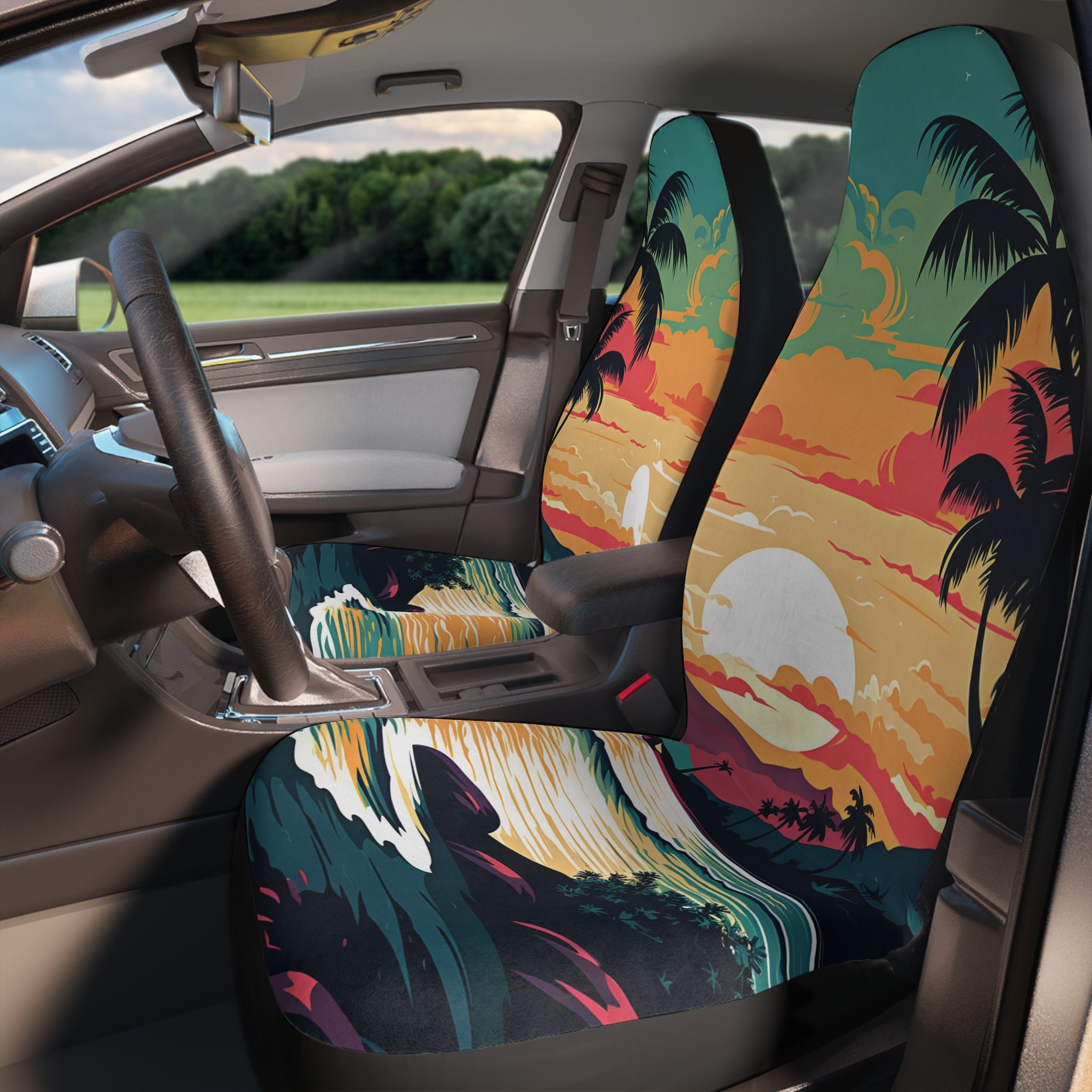 Beach Car Seat Covers, Retro Palm Tree Car Seat Cover for Vehicle, Blue