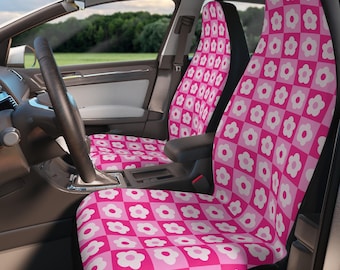 Car Seat Covers for vehicle, Pink car seat covers, Midcentury checkered flower, Hippie Car Seat Covers, 70s car seat covers, Pink car