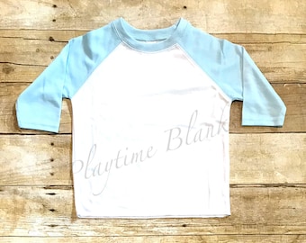 Sublimation Blanks- Infant/Toddler/Youth- White/Blue Raglan Shirt- 65% Polyester