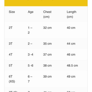 May include: Size chart for toddler and youth t-shirts from The Laughing Giraffe. The chart shows sizes from 2T to 8T, with corresponding age ranges, chest measurements in centimeters, and length measurements in centimeters.