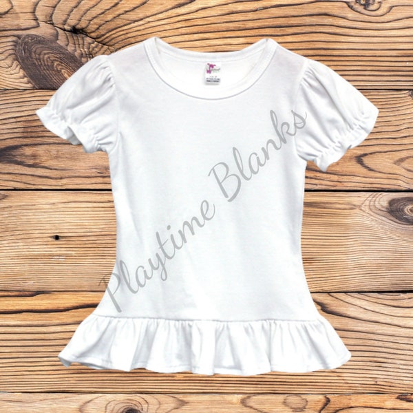 Sublimation Blanks- Toddler/Youth White Ruffle Hem Shirt- 100% Poly