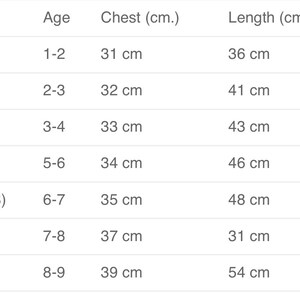 May include: A size chart for children's clothing, displaying measurements in centimeters. Sizes range from 2T to 8T, with corresponding age ranges, chest measurements (31-39 cm), and lengths (36-54 cm).